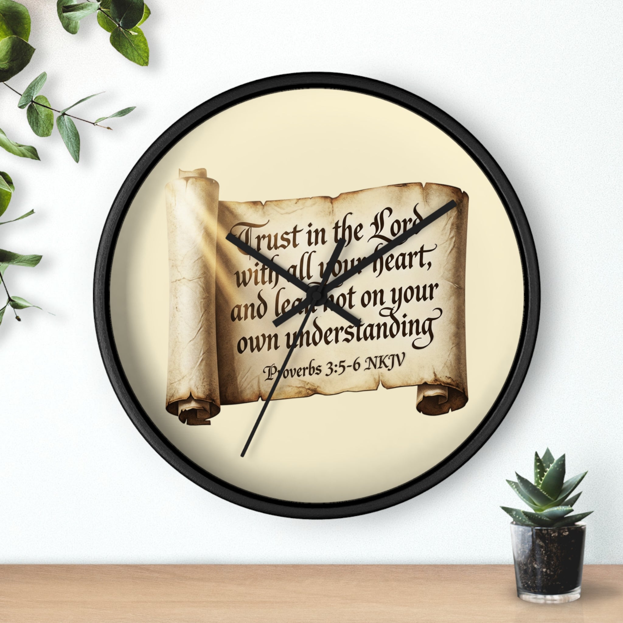 Proverbs 3:5-6 Scripture Scroll Wall Clock — Trust in the Lord Christian Home Decor