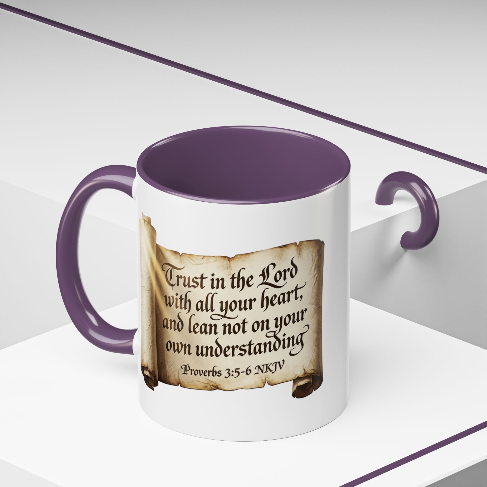 Proverbs 3:5-6 Scroll Accent Coffee Mug — Trust in the Lord Scripture Mug