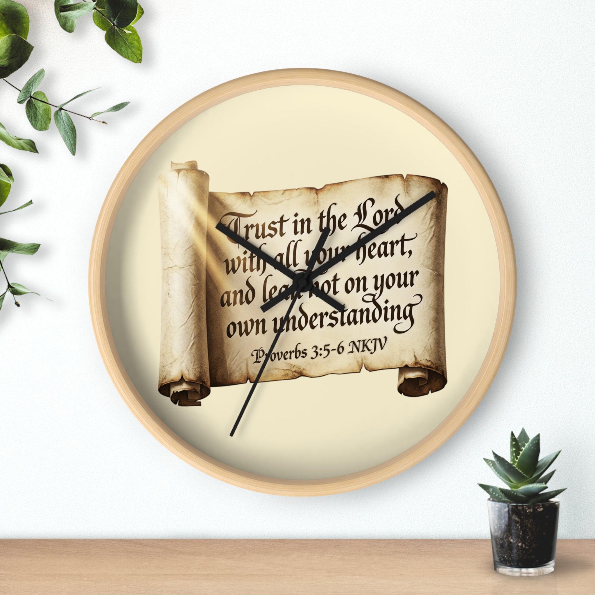 Proverbs 3:5-6 Scripture Scroll Wall Clock — Trust in the Lord Christian Home Decor