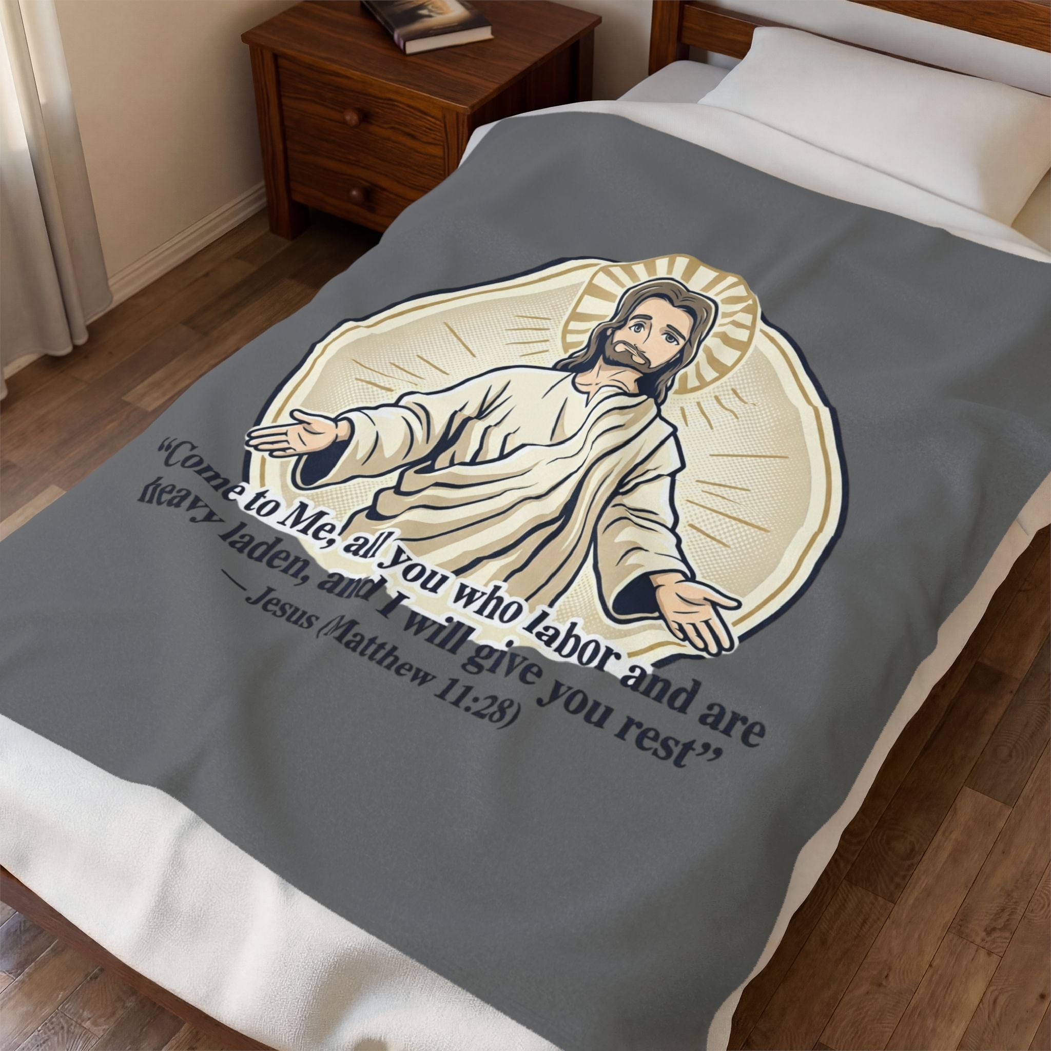 Jesus Illustration Plush Blanket - "Come to Me" Matthew 11:28 Inspirational Throw