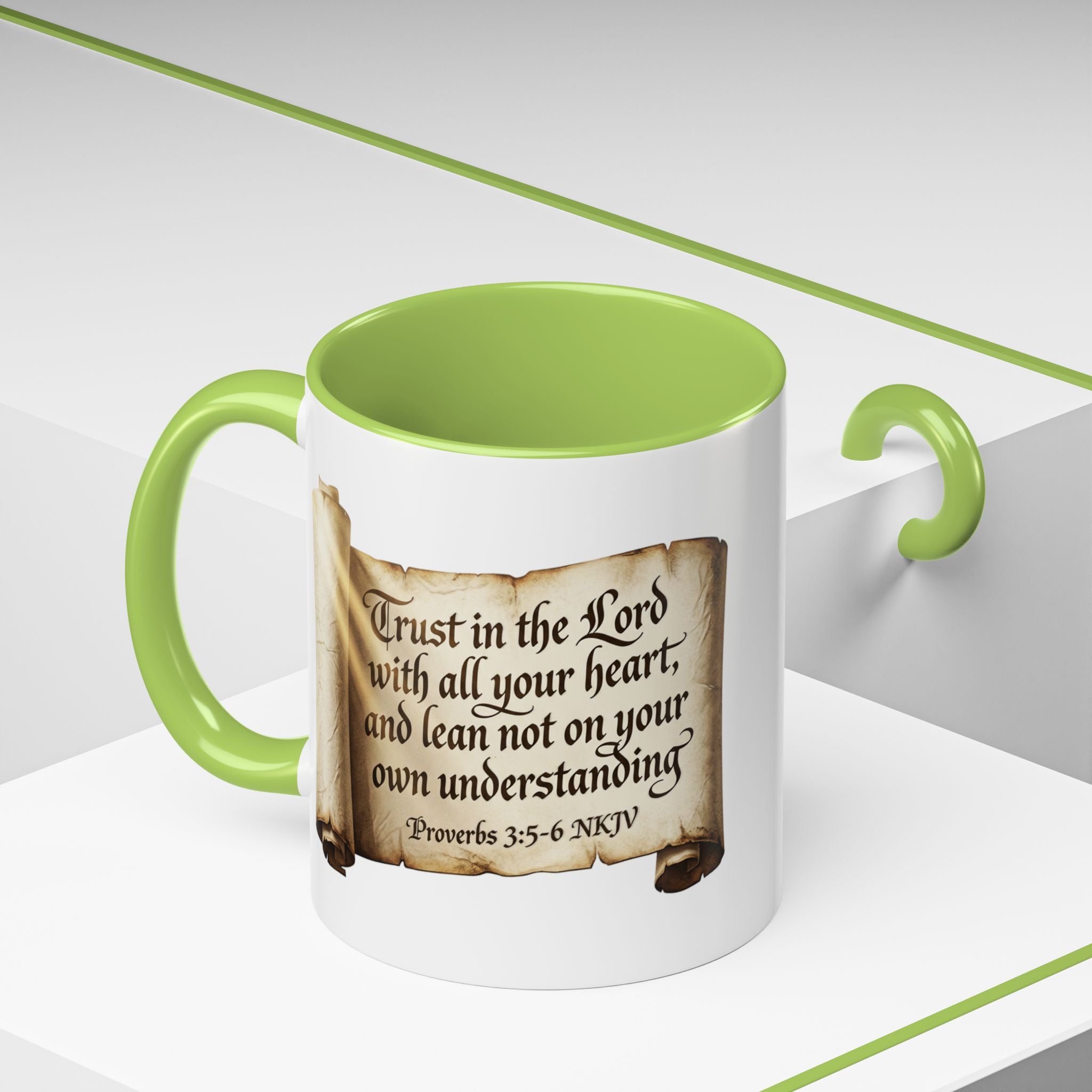 Proverbs 3:5-6 Scroll Accent Coffee Mug — Trust in the Lord Scripture Mug