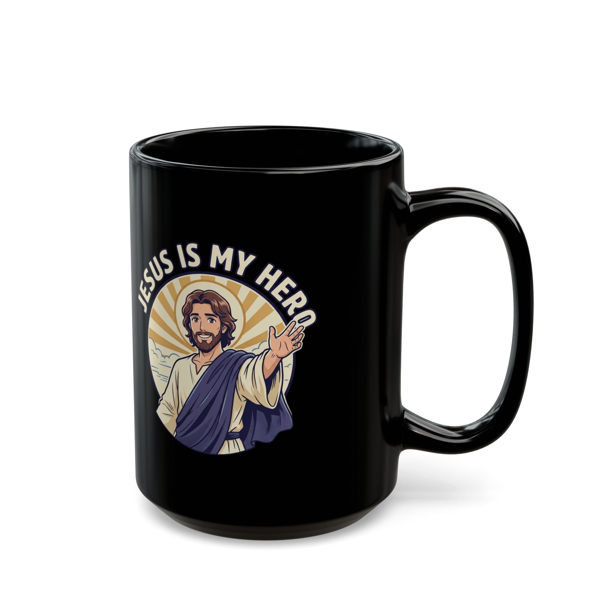 Jesus Is My Hero Black Mug — Christian Faith Coffee Cup (11oz/15oz)
