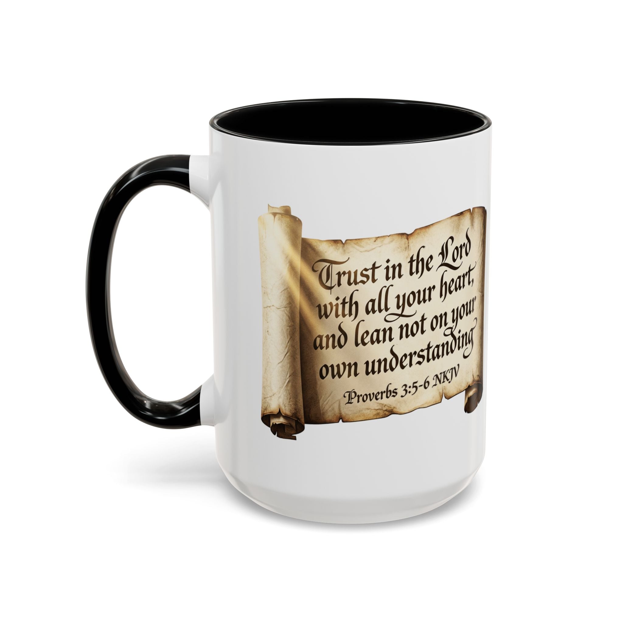 Proverbs 3:5-6 Scroll Accent Coffee Mug — Trust in the Lord Scripture Mug