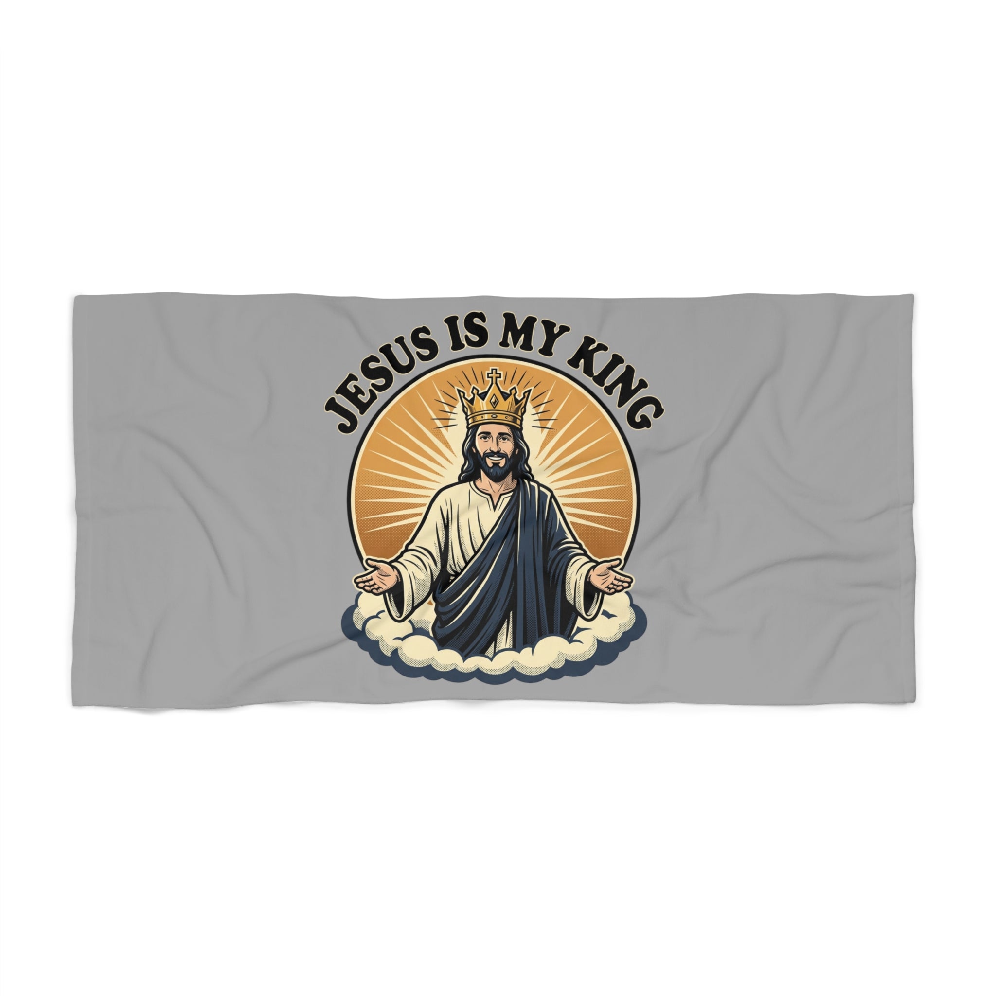 Jesus Is My King Beach Towel — Christian Faith Sunburst Design