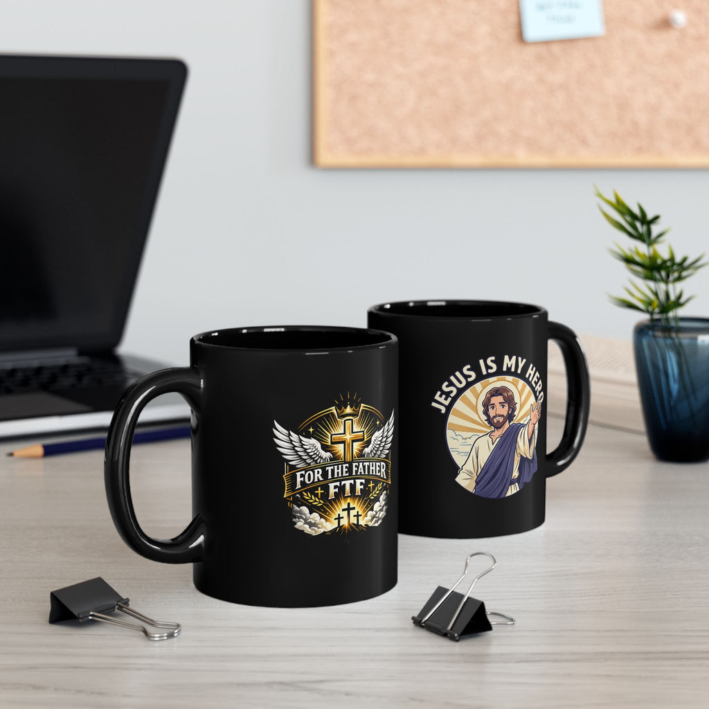 Jesus Is My Hero Black Mug — Christian Faith Coffee Cup (11oz/15oz)
