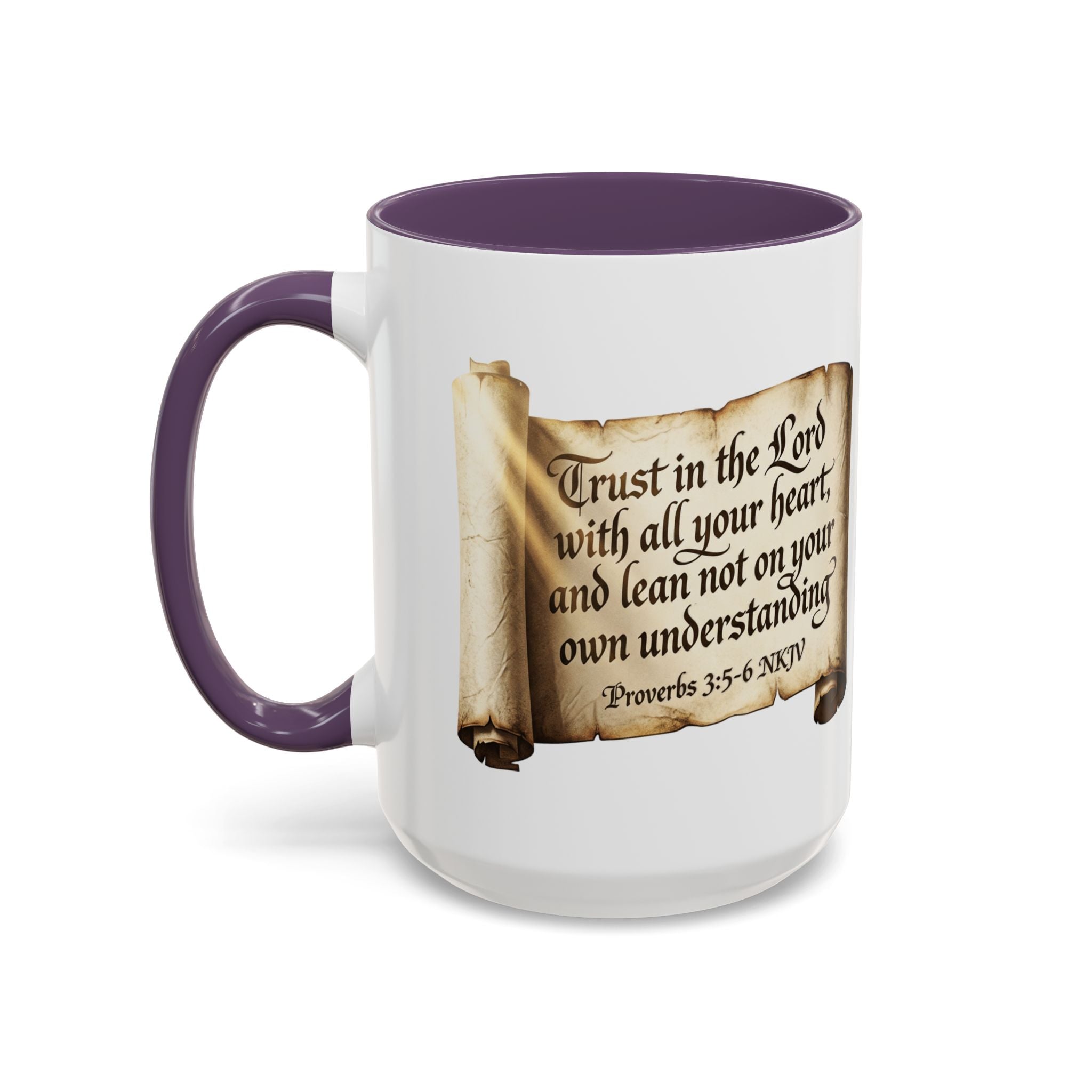 Proverbs 3:5-6 Scroll Accent Coffee Mug — Trust in the Lord Scripture Mug