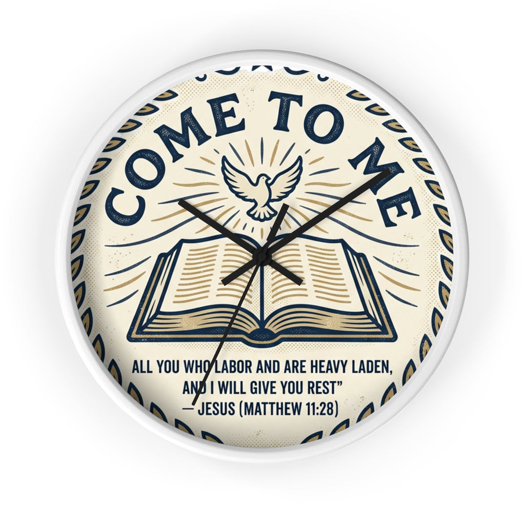 Come to Me Wall Clock — Inspirational Bible Verse (Matthew 11:28) Decorative Christian Clock