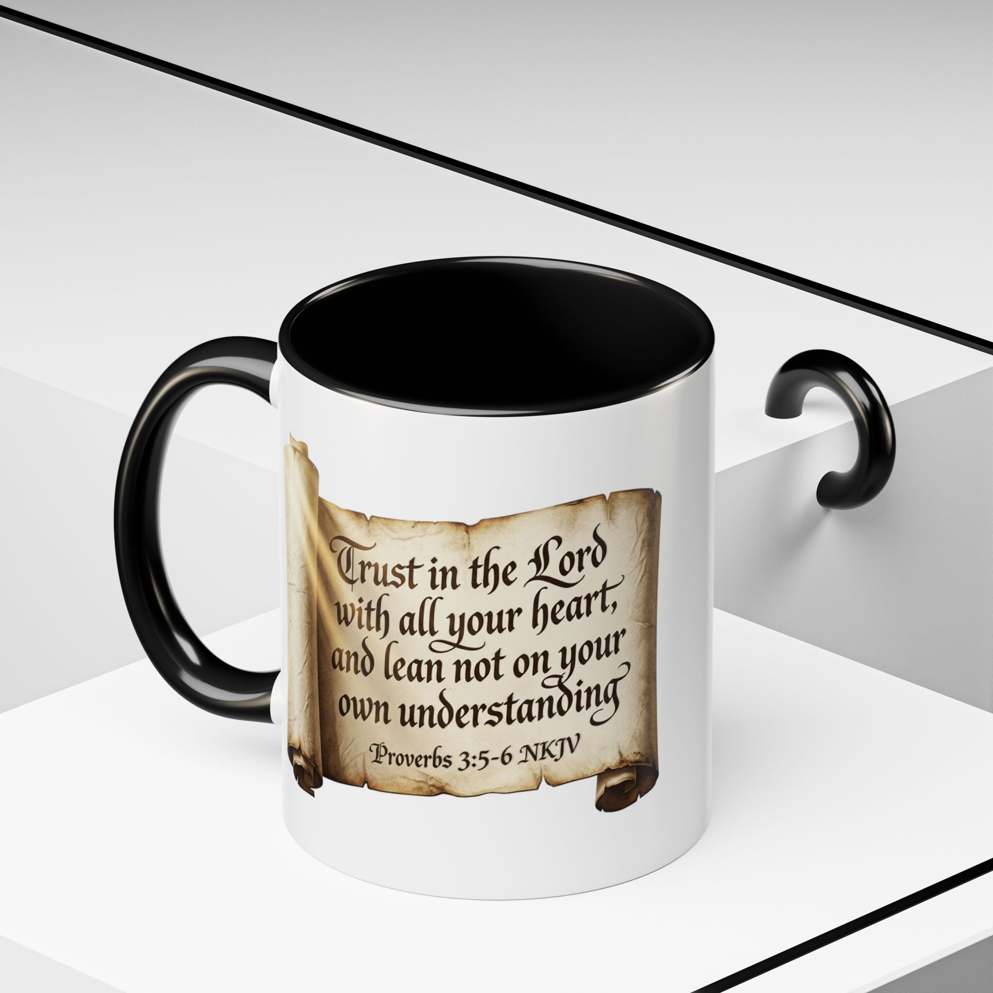 Proverbs 3:5-6 Scroll Accent Coffee Mug — Trust in the Lord Scripture Mug