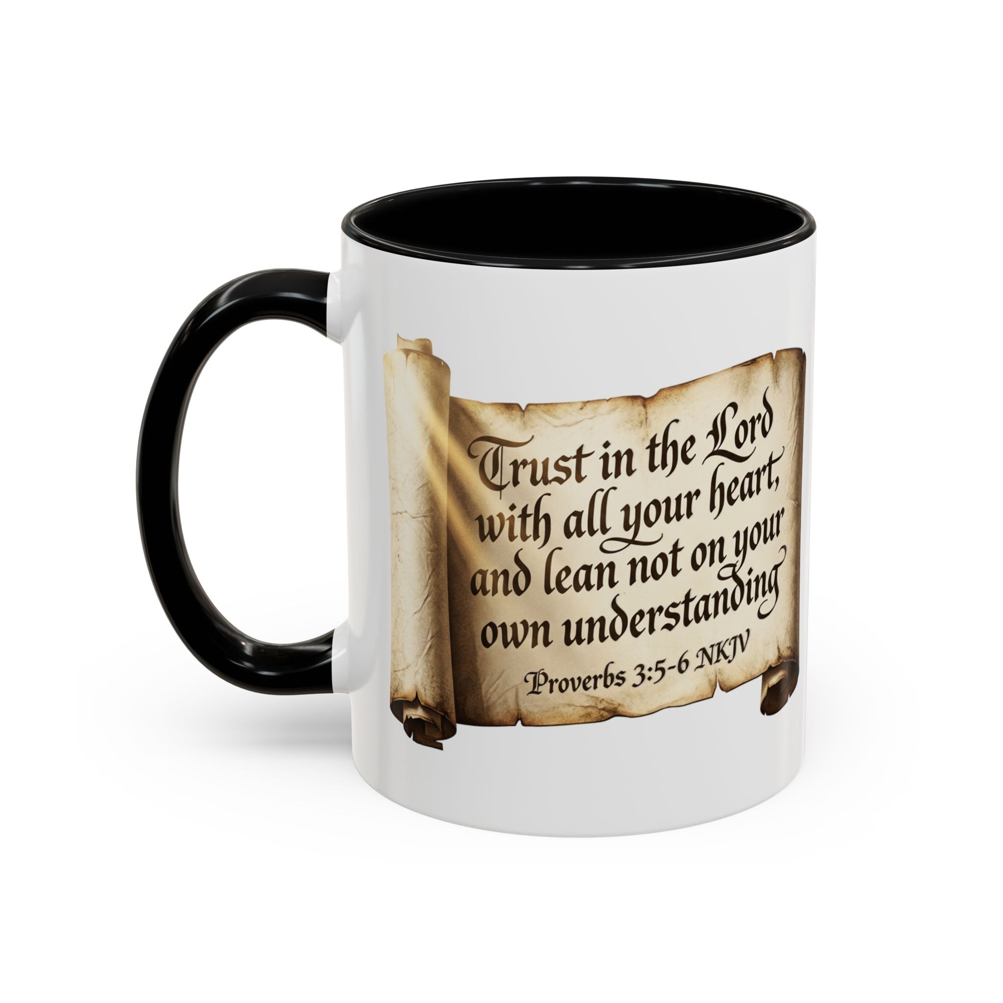 Proverbs 3:5-6 Scroll Accent Coffee Mug — Trust in the Lord Scripture Mug