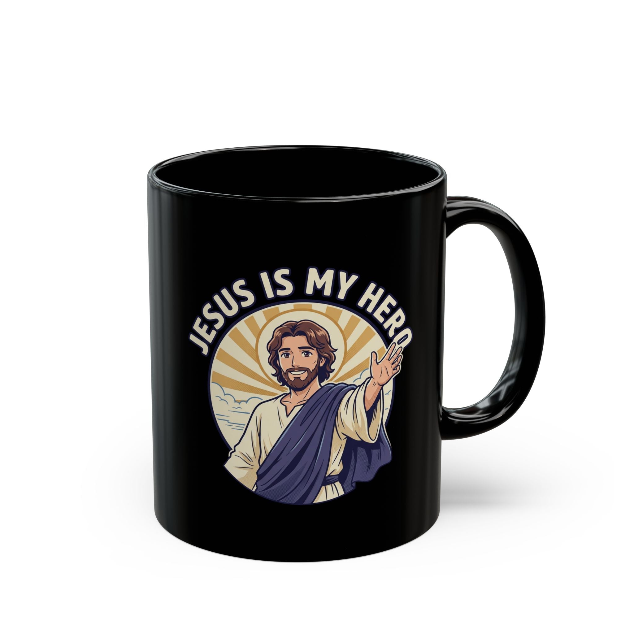 Jesus Is My Hero Black Mug — Christian Faith Coffee Cup (11oz/15oz)