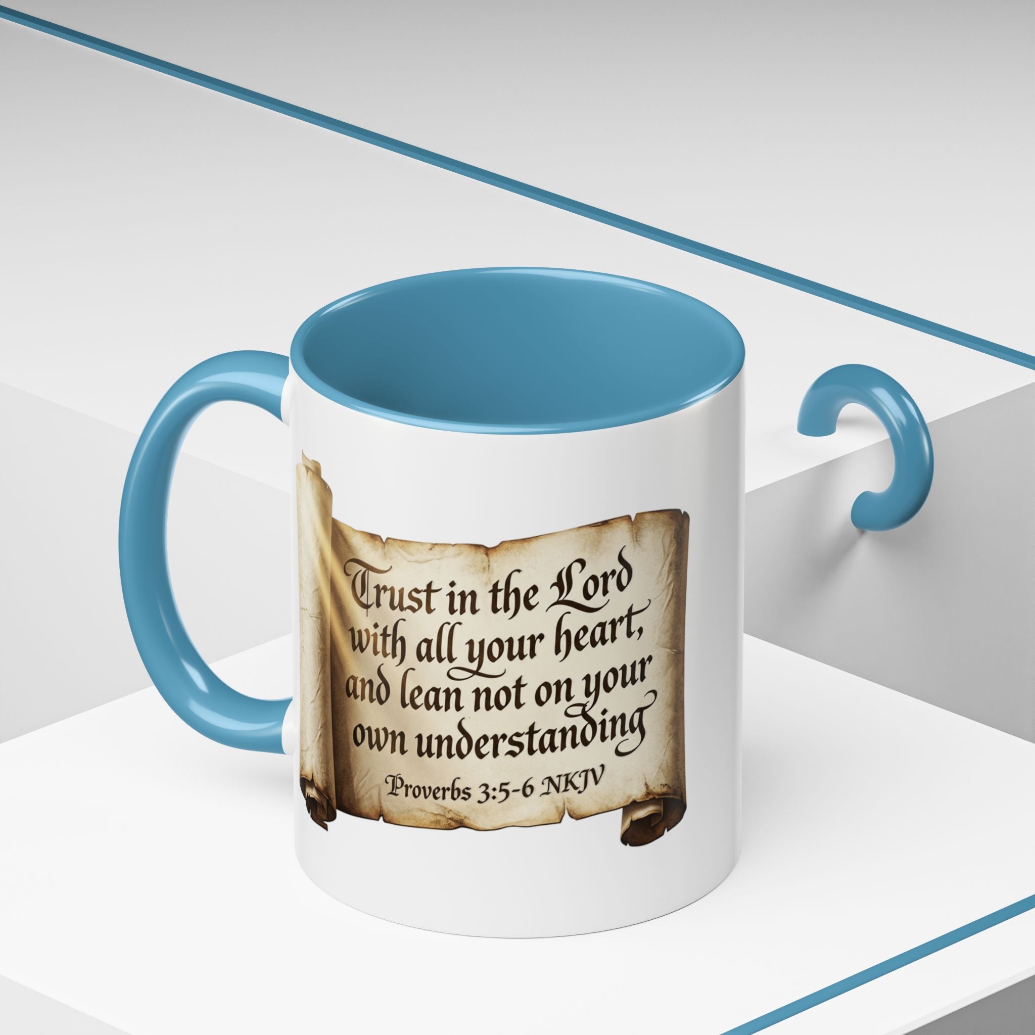 Proverbs 3:5-6 Scroll Accent Coffee Mug — Trust in the Lord Scripture Mug