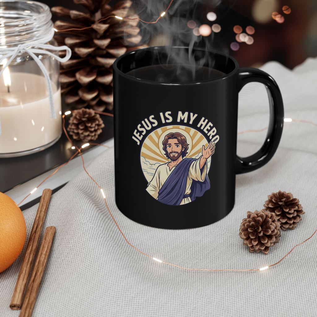 Jesus Is My Hero Black Mug — Christian Faith Coffee Cup (11oz/15oz)