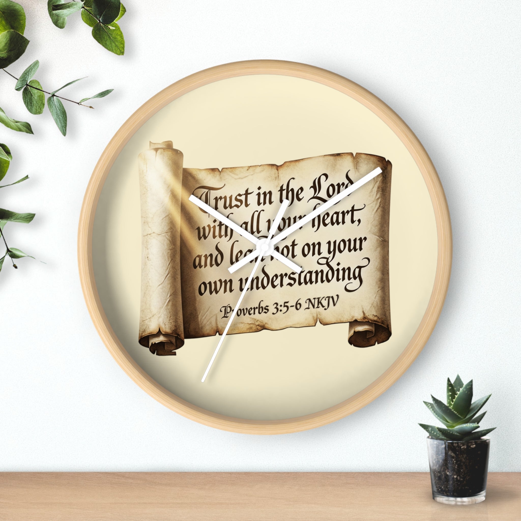 Proverbs 3:5-6 Scripture Scroll Wall Clock — Trust in the Lord Christian Home Decor
