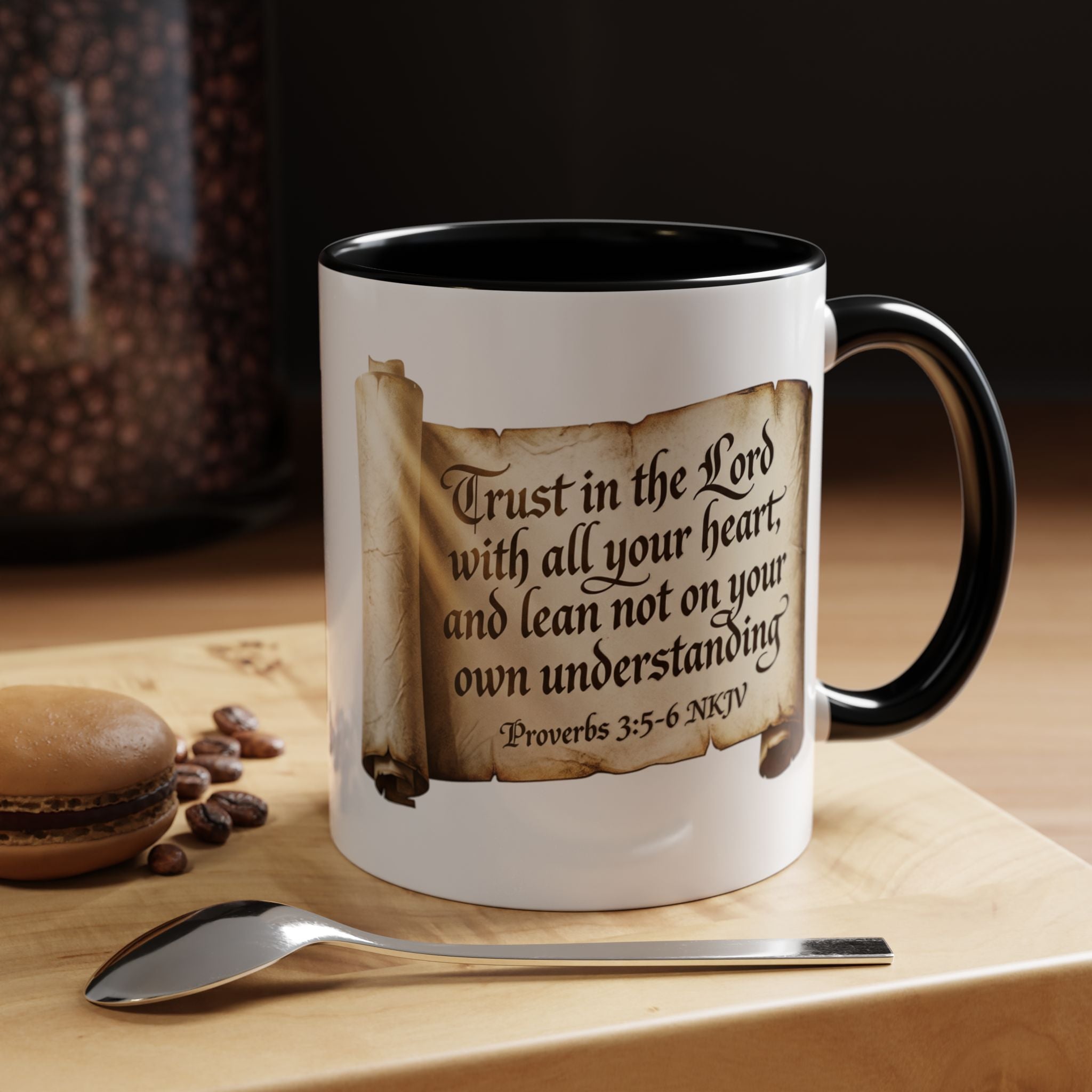 Proverbs 3:5-6 Scroll Accent Coffee Mug — Trust in the Lord Scripture Mug