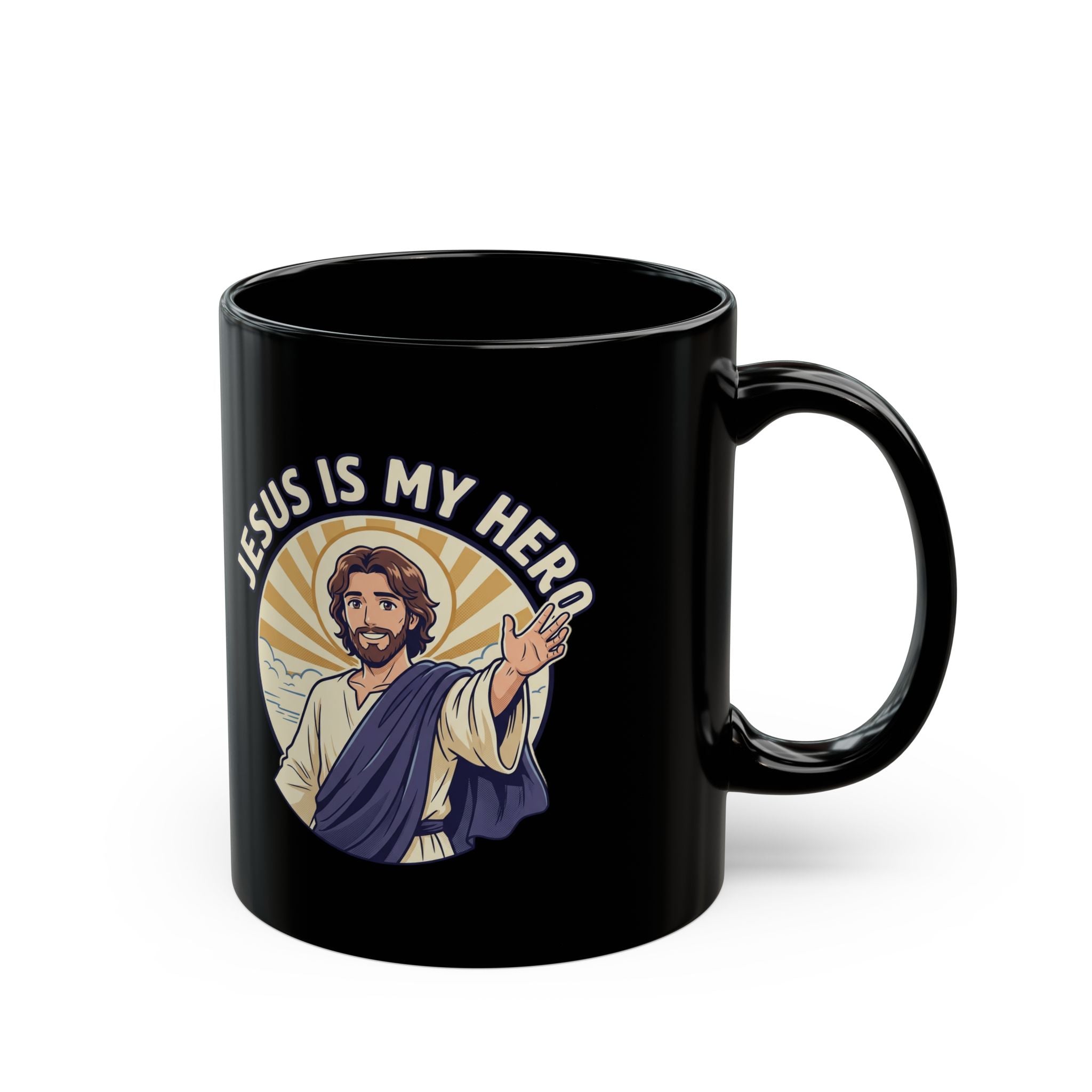 Jesus Is My Hero Black Mug — Christian Faith Coffee Cup (11oz/15oz)