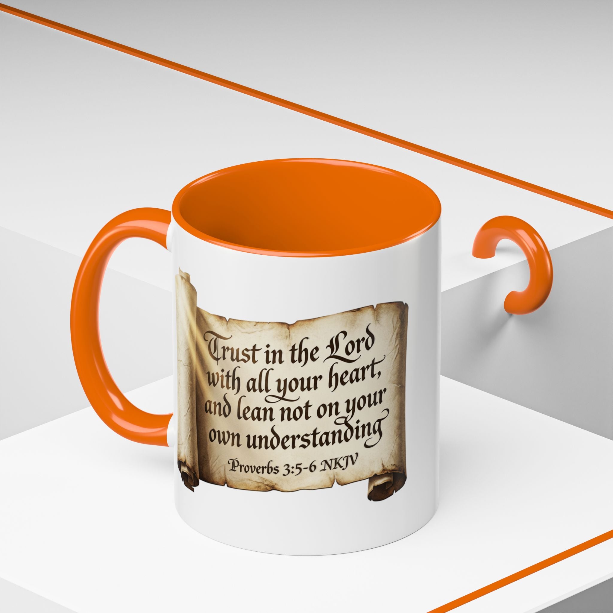 Proverbs 3:5-6 Scroll Accent Coffee Mug — Trust in the Lord Scripture Mug