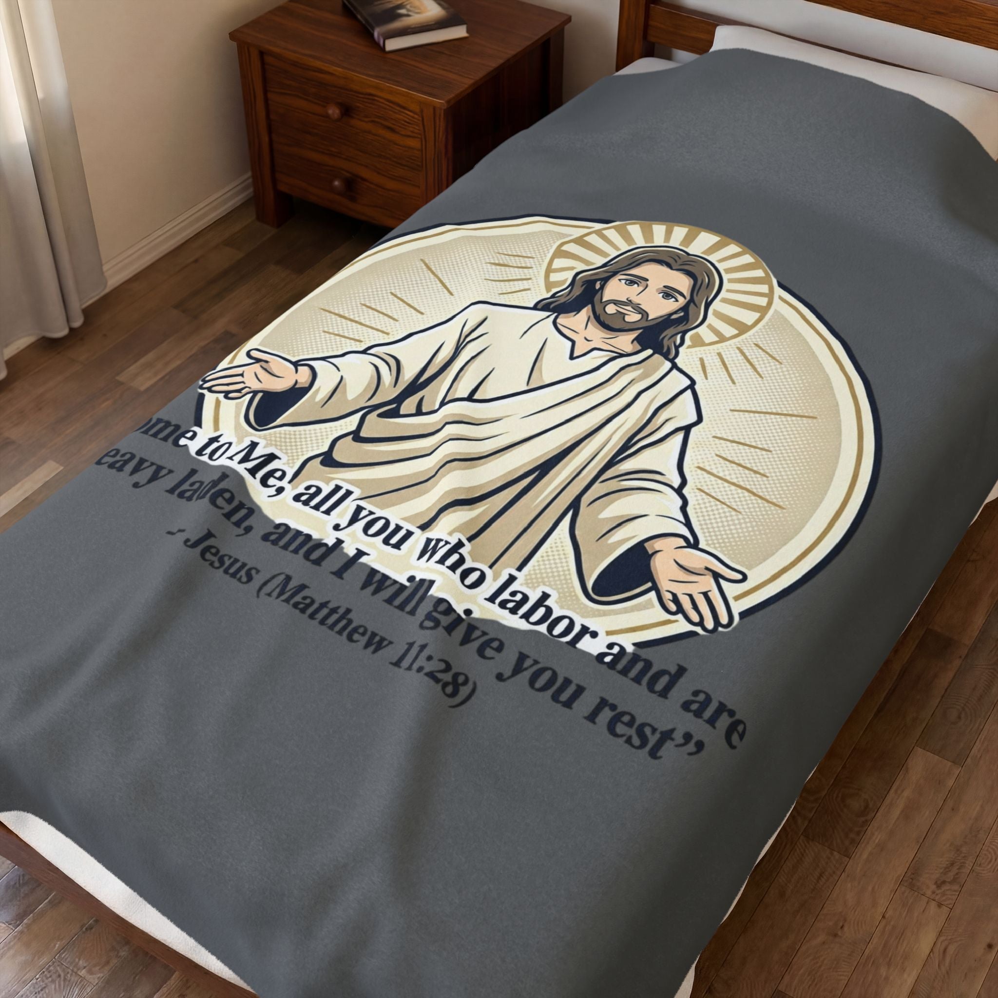 Jesus Illustration Plush Blanket - "Come to Me" Matthew 11:28 Inspirational Throw