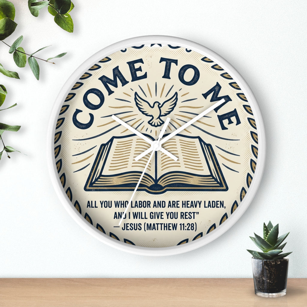 Come to Me Wall Clock — Inspirational Bible Verse (Matthew 11:28) Decorative Christian Clock