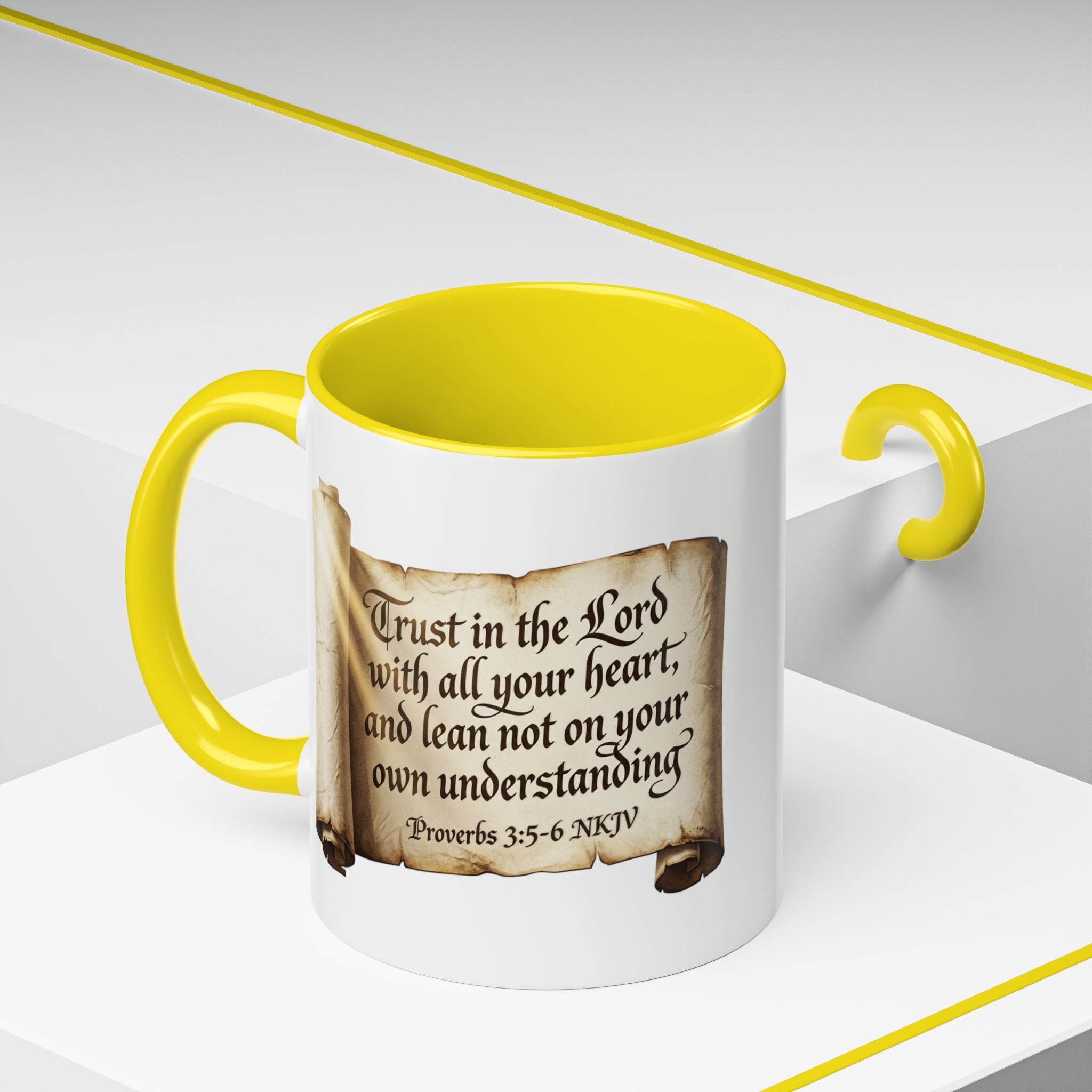 Proverbs 3:5-6 Scroll Accent Coffee Mug — Trust in the Lord Scripture Mug