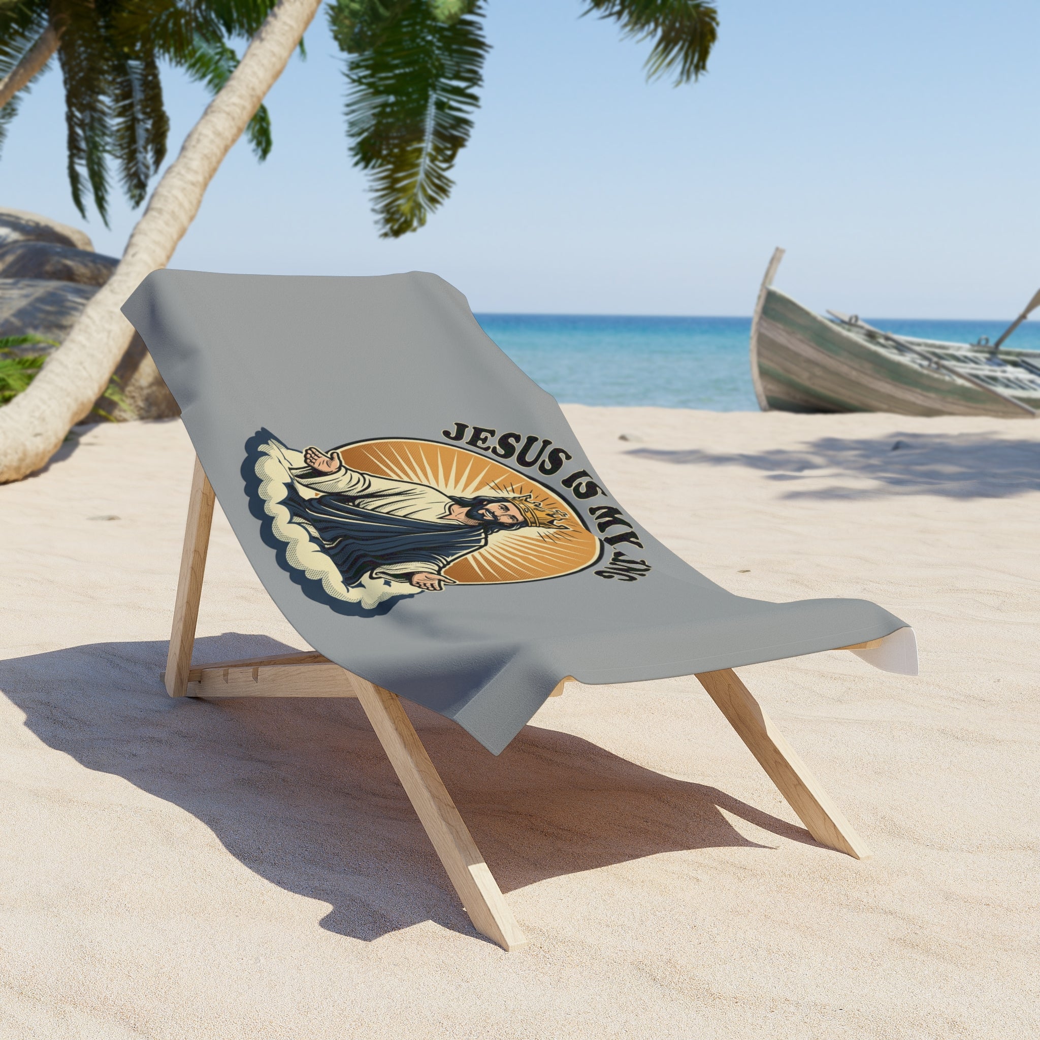 Jesus Is My King Beach Towel — Christian Faith Sunburst Design