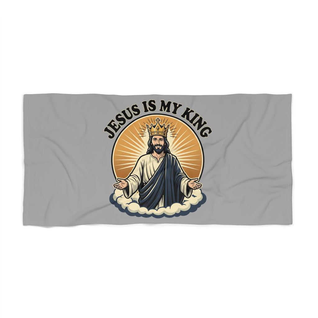 Jesus Is My King Beach Towel — Christian Faith Sunburst Design