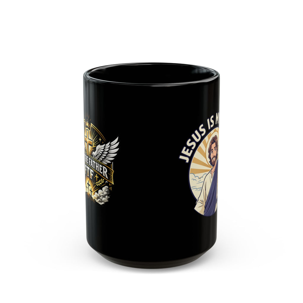 Jesus Is My Hero Black Mug — Christian Faith Coffee Cup (11oz/15oz)