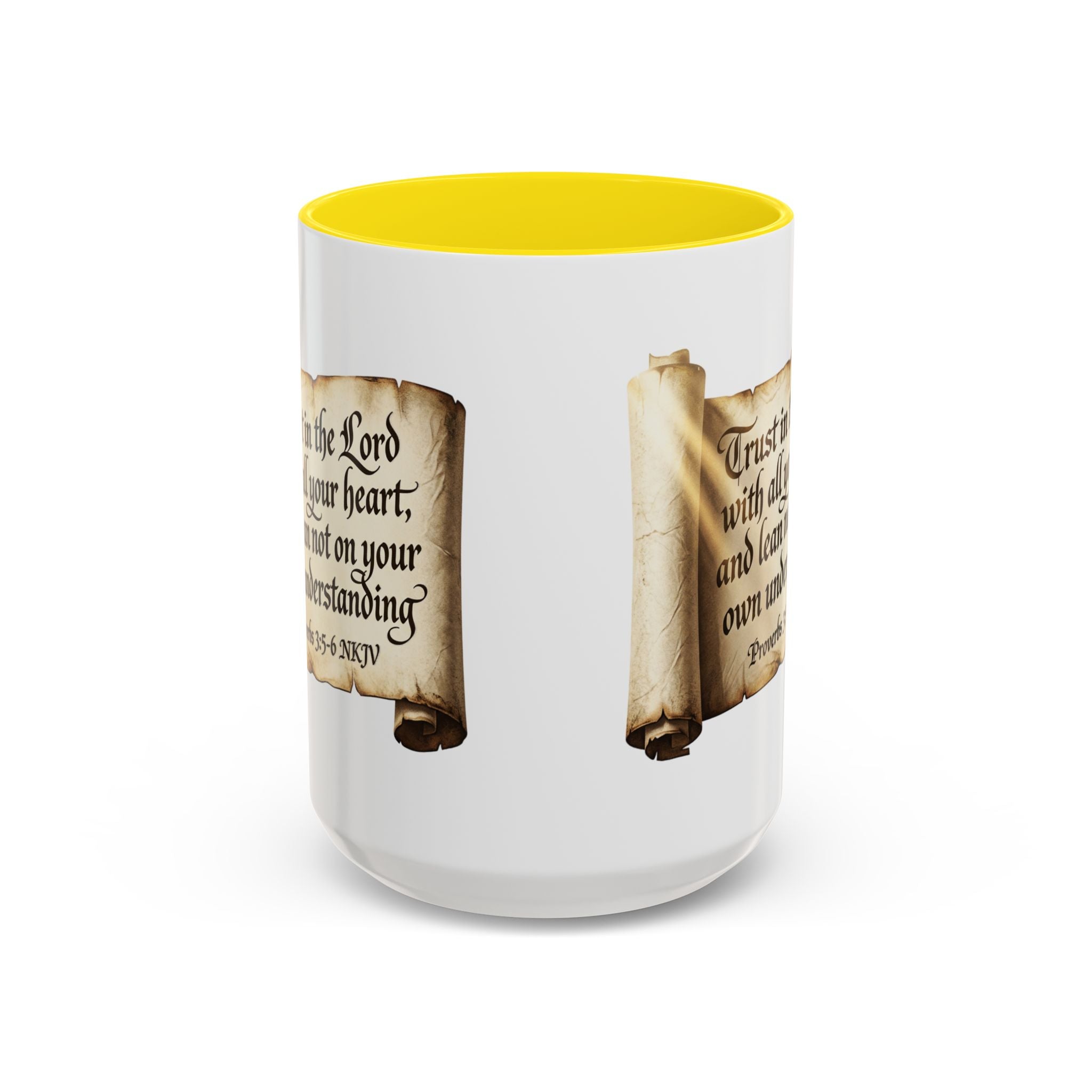 Proverbs 3:5-6 Scroll Accent Coffee Mug — Trust in the Lord Scripture Mug