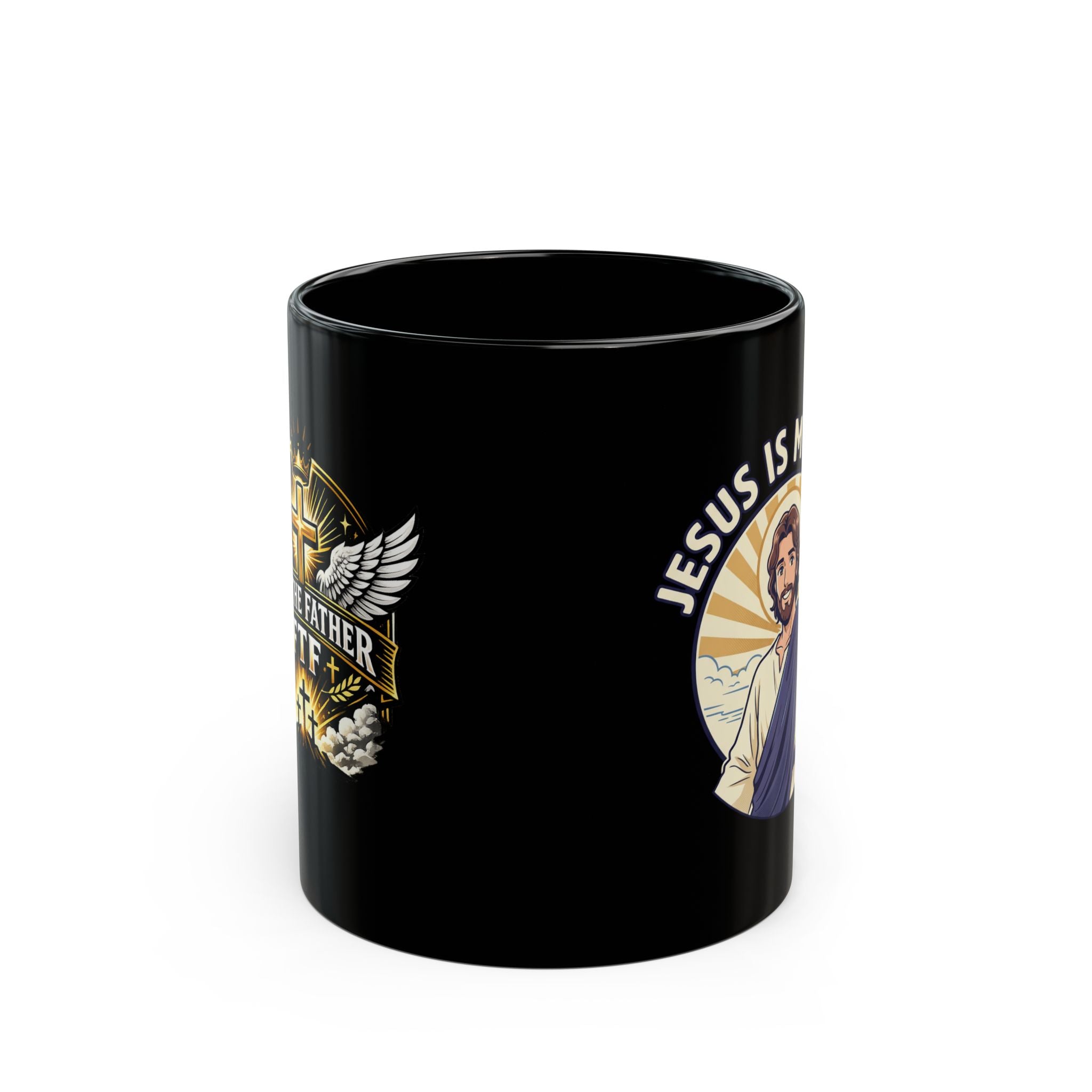 Jesus Is My Hero Black Mug — Christian Faith Coffee Cup (11oz/15oz)