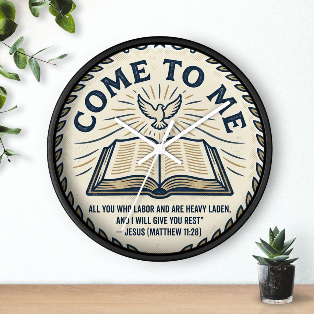 Come to Me Wall Clock — Inspirational Bible Verse (Matthew 11:28) Decorative Christian Clock