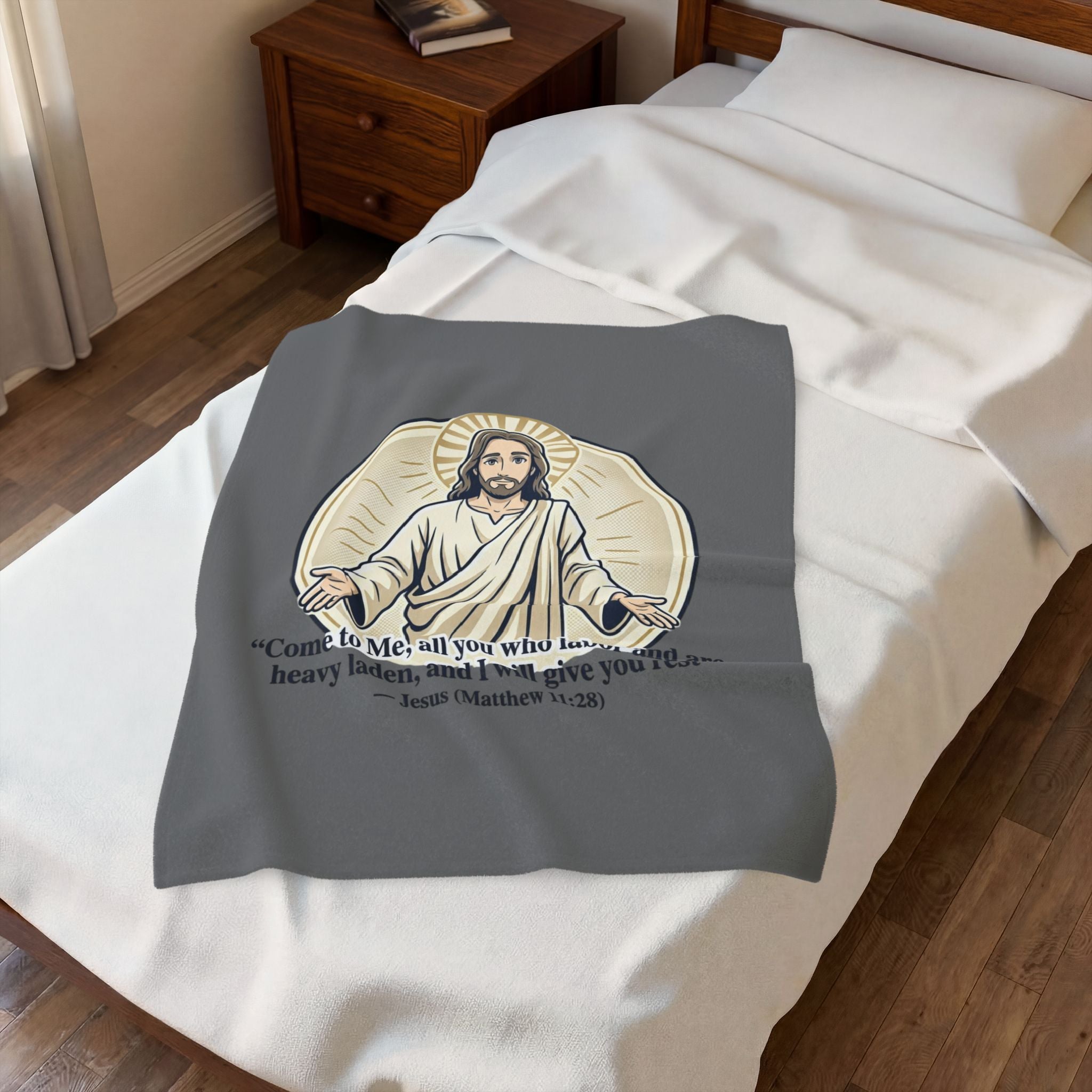 Jesus Illustration Plush Blanket - "Come to Me" Matthew 11:28 Inspirational Throw