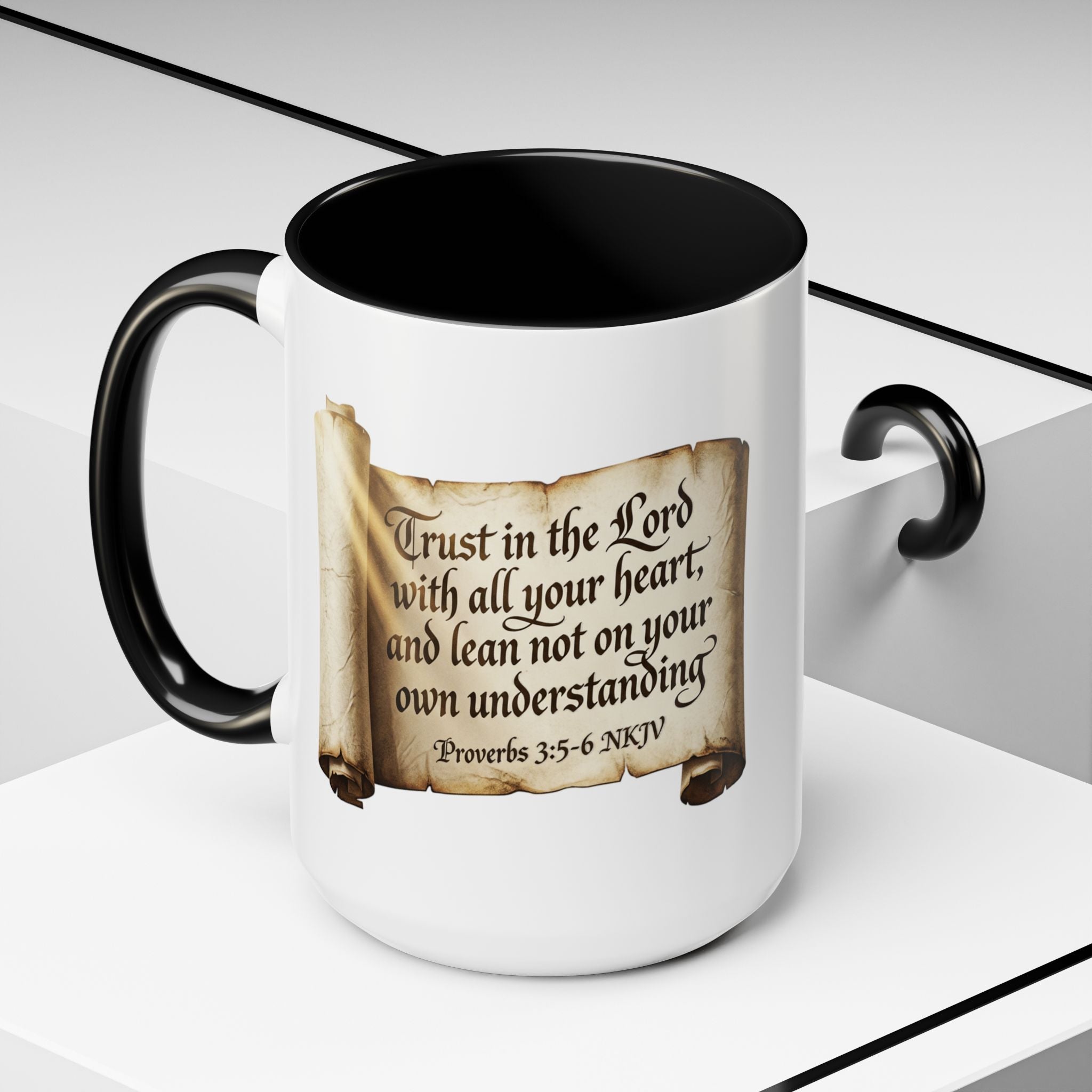 Proverbs 3:5-6 Scroll Accent Coffee Mug — Trust in the Lord Scripture Mug