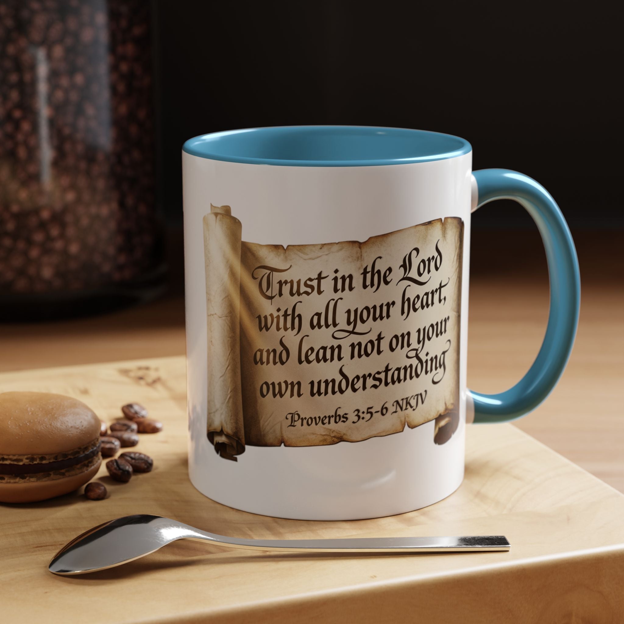 Proverbs 3:5-6 Scroll Accent Coffee Mug — Trust in the Lord Scripture Mug