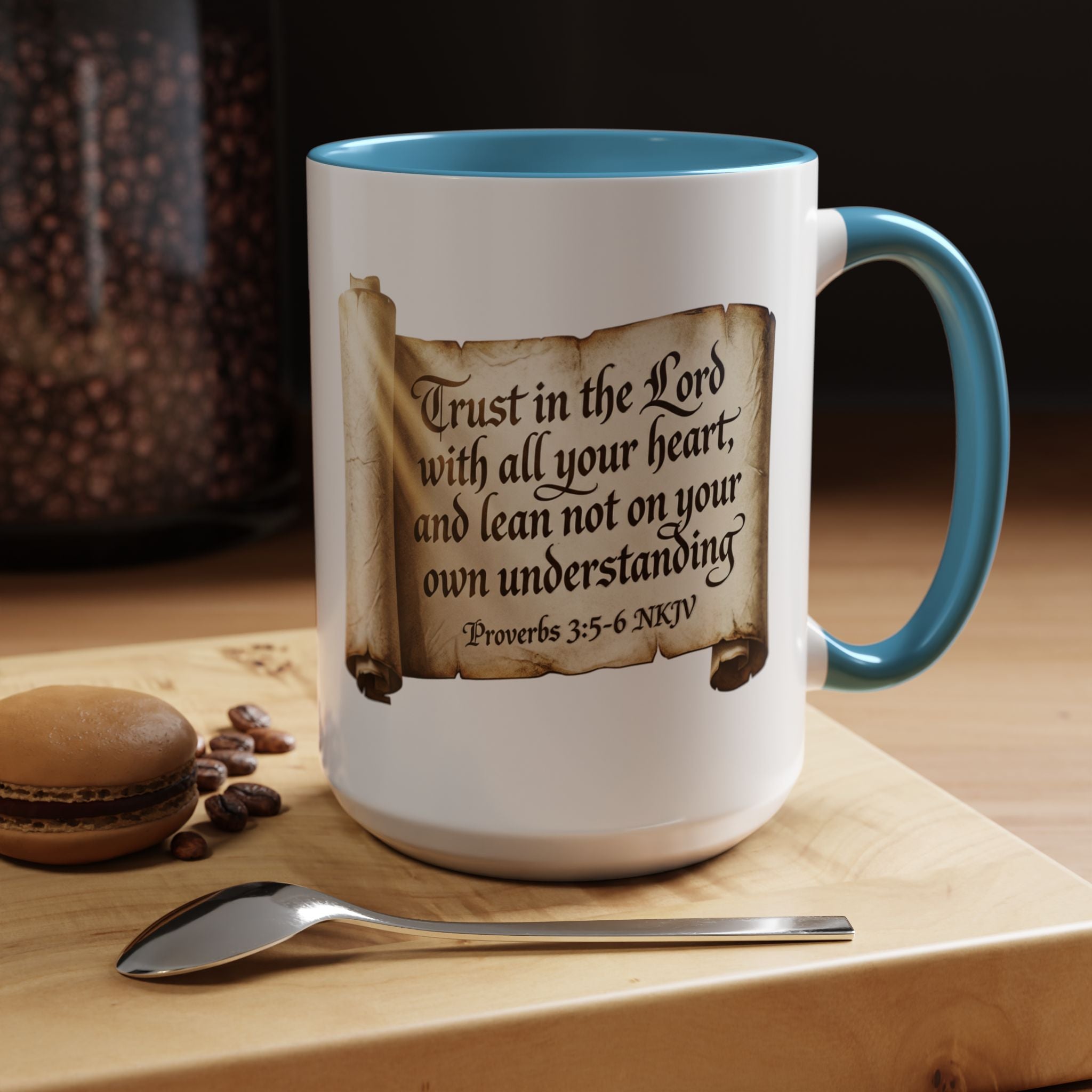 Proverbs 3:5-6 Scroll Accent Coffee Mug — Trust in the Lord Scripture Mug