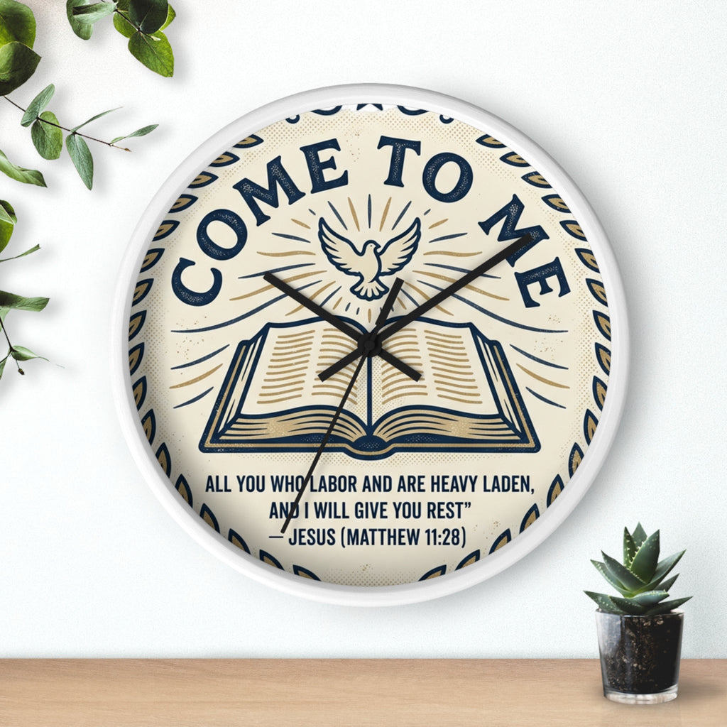 Come to Me Wall Clock — Inspirational Bible Verse (Matthew 11:28) Decorative Christian Clock