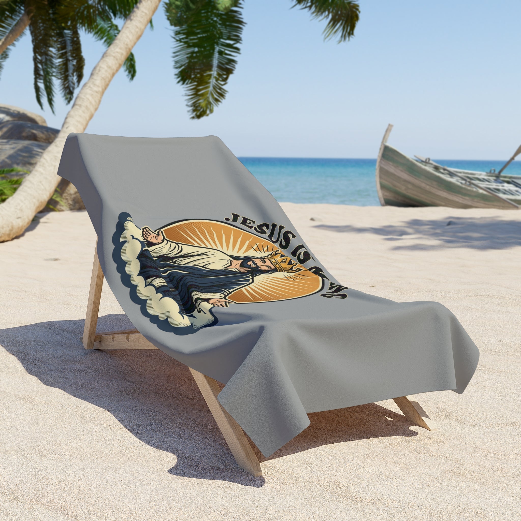Jesus Is My King Beach Towel — Christian Faith Sunburst Design